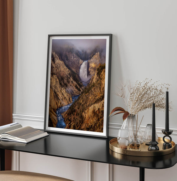 Painterly landscape photograph of the Grand Canyon of the Yellowstone with mist and waterfall.