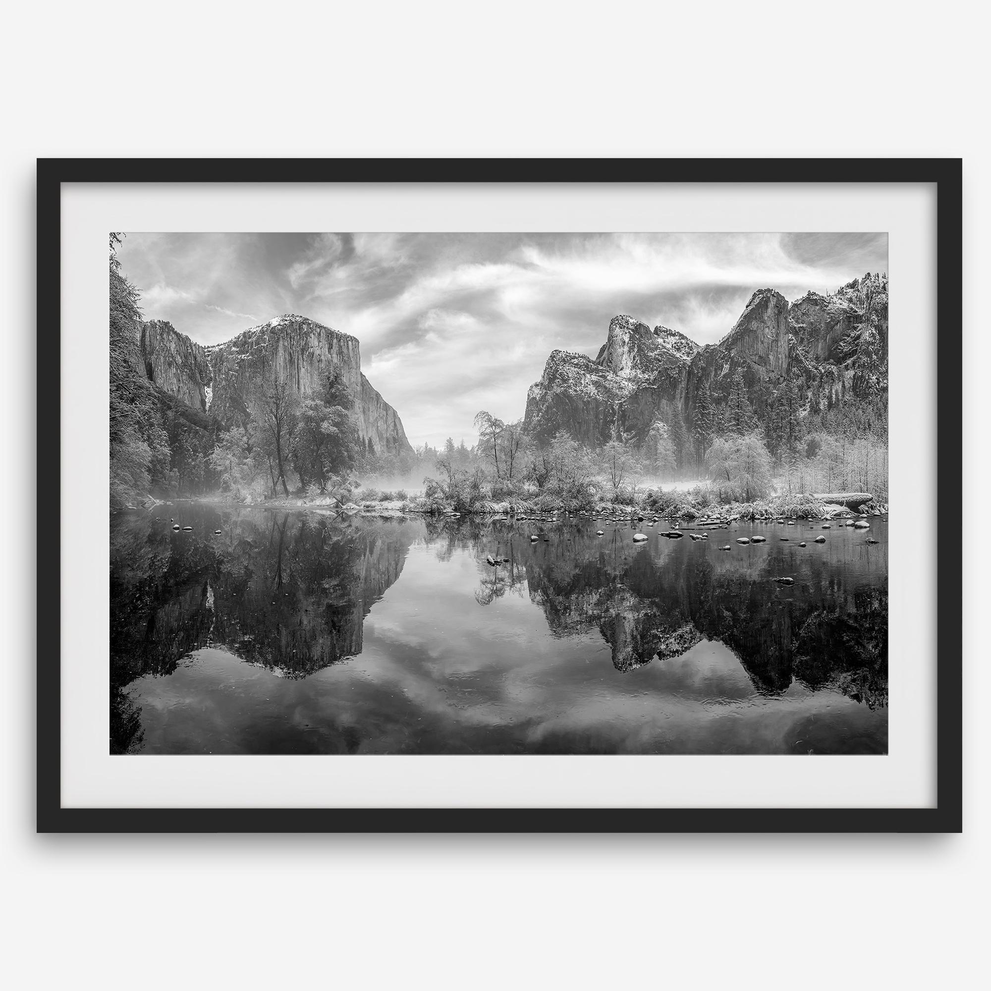 Yosemite Valley View art in black and white featuring a winter panorama with snowy mountains and Merced River reflections.