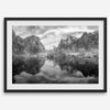 Yosemite Valley View art in black and white featuring a winter panorama with snowy mountains and Merced River reflections.