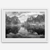 Yosemite Valley View art in black and white featuring a winter panorama with snowy mountains and Merced River reflections.