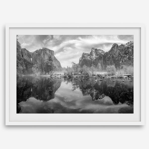Yosemite Valley View art in black and white featuring a winter panorama with snowy mountains and Merced River reflections.