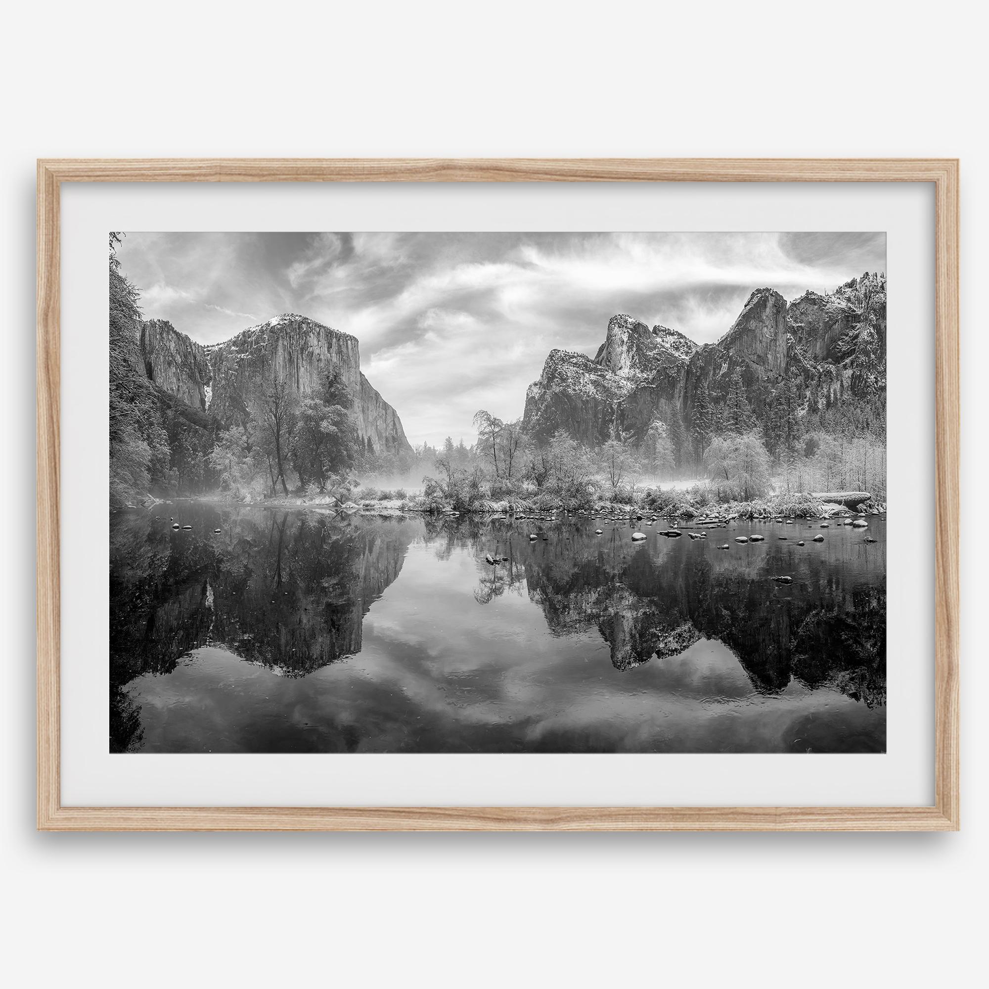 Yosemite Valley View art in black and white featuring a winter panorama with snowy mountains and Merced River reflections.