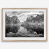 Yosemite Valley View art in black and white featuring a winter panorama with snowy mountains and Merced River reflections.