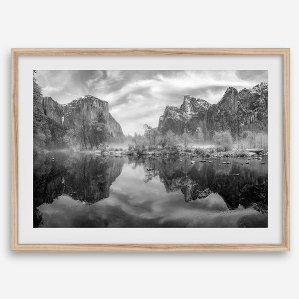 Yosemite Valley View art in black and white featuring a winter panorama with snowy mountains and Merced River reflections.