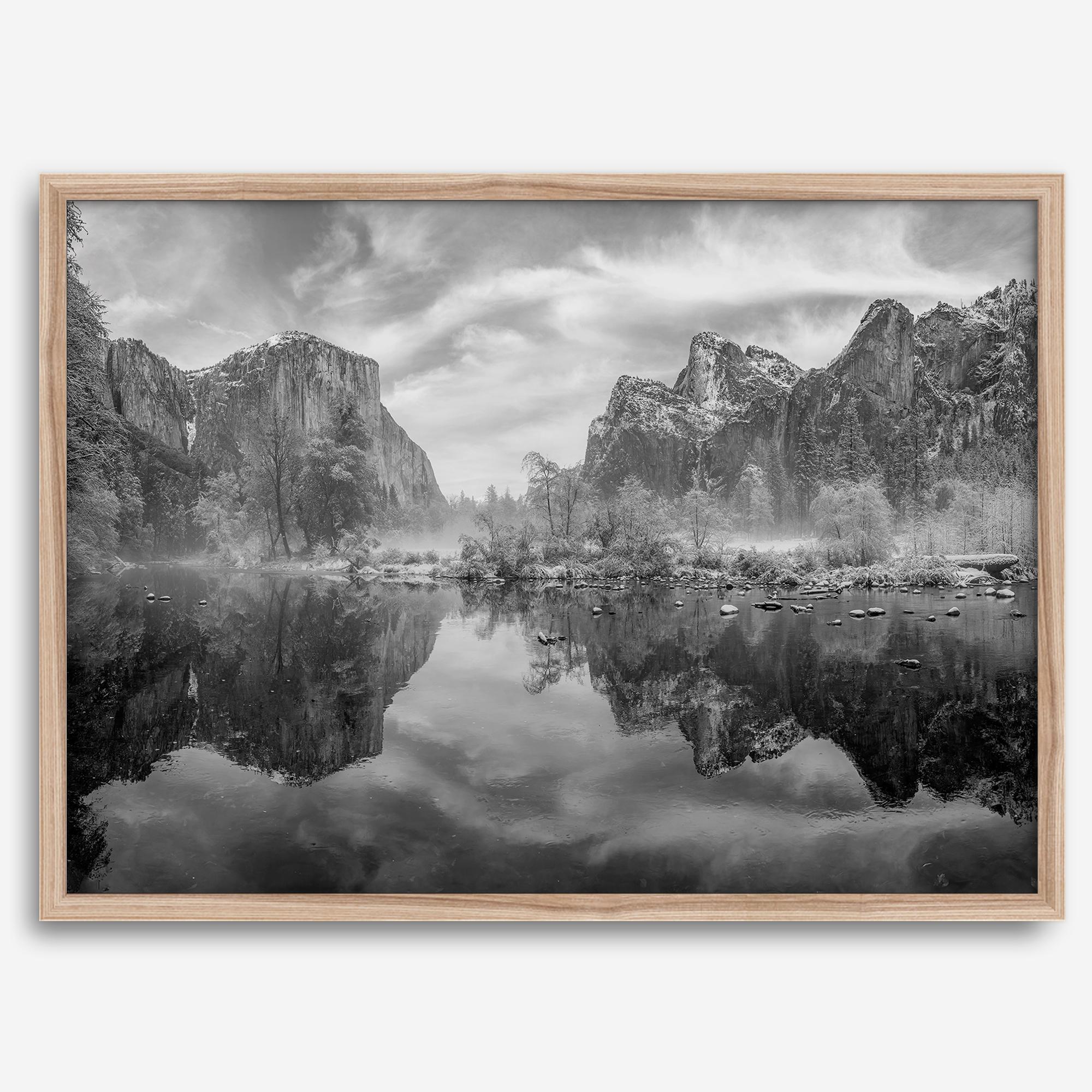 Yosemite Valley View art in black and white featuring a winter panorama with snowy mountains and Merced River reflections.