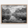Yosemite Valley View art in black and white featuring a winter panorama with snowy mountains and Merced River reflections.