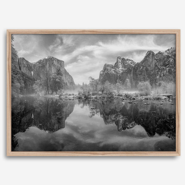 Yosemite Valley View art in black and white featuring a winter panorama with snowy mountains and Merced River reflections.