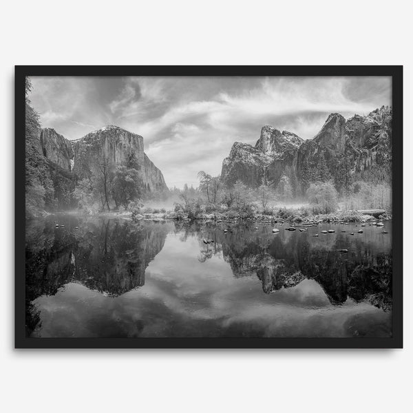 Yosemite Valley View art in black and white featuring a winter panorama with snowy mountains and Merced River reflections.