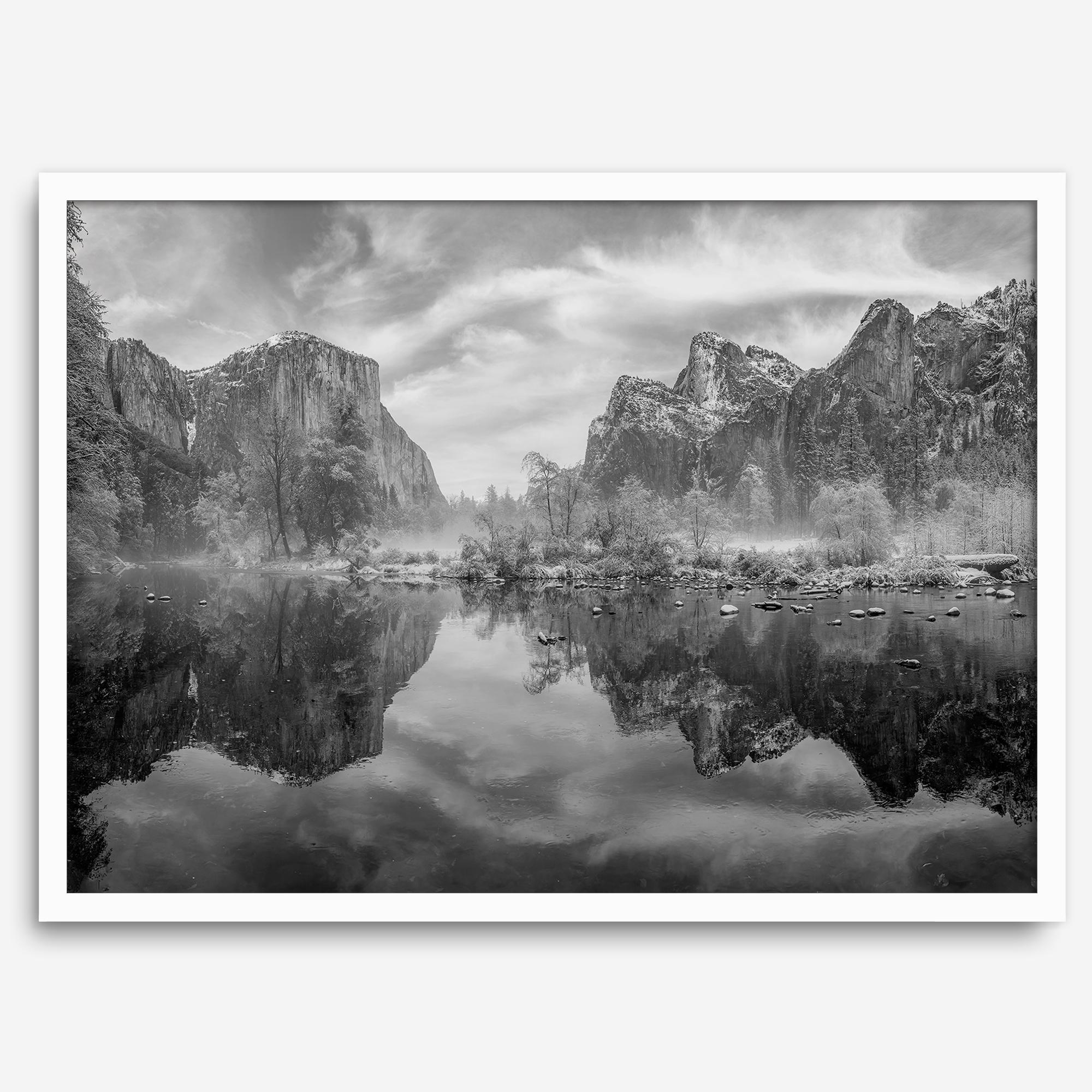 Yosemite Valley View art in black and white featuring a winter panorama with snowy mountains and Merced River reflections.