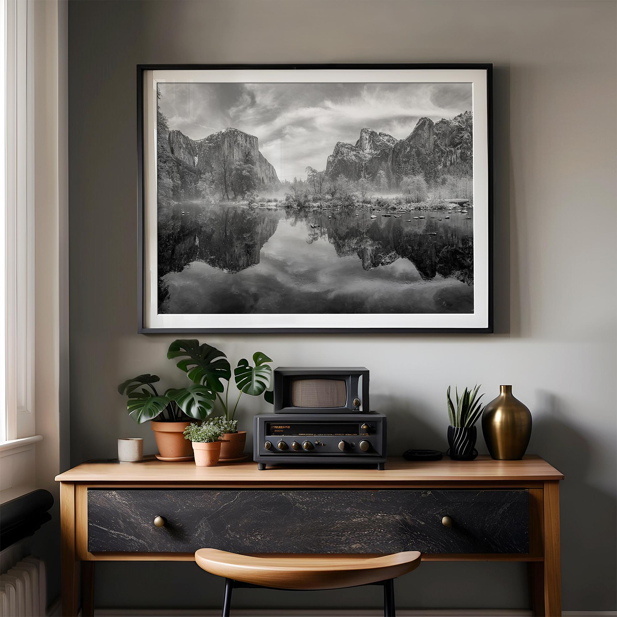 Yosemite Valley View art in black and white featuring a winter panorama with snowy mountains and Merced River reflections.