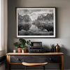 Yosemite Valley View art in black and white featuring a winter panorama with snowy mountains and Merced River reflections.