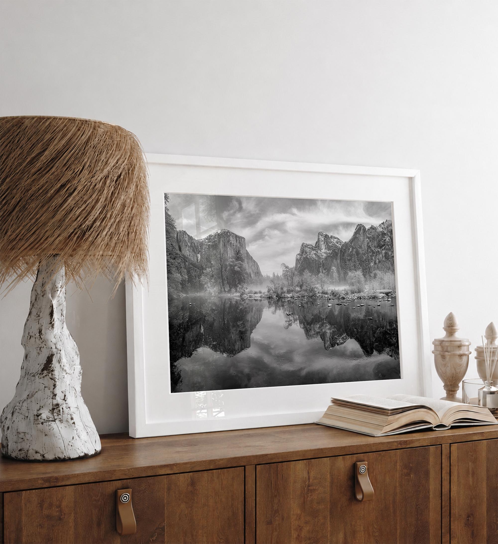 Yosemite Valley View art in black and white featuring a winter panorama with snowy mountains and Merced River reflections.