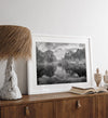 Yosemite Valley View art in black and white featuring a winter panorama with snowy mountains and Merced River reflections.
