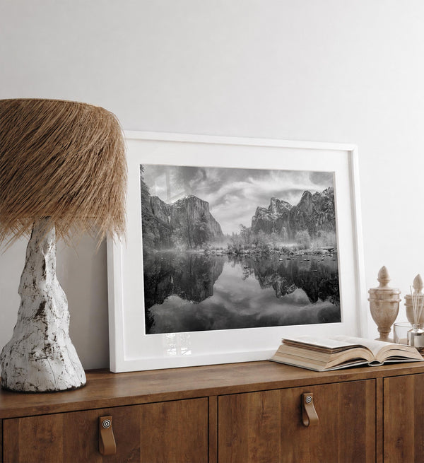 Yosemite Valley View art in black and white featuring a winter panorama with snowy mountains and Merced River reflections.