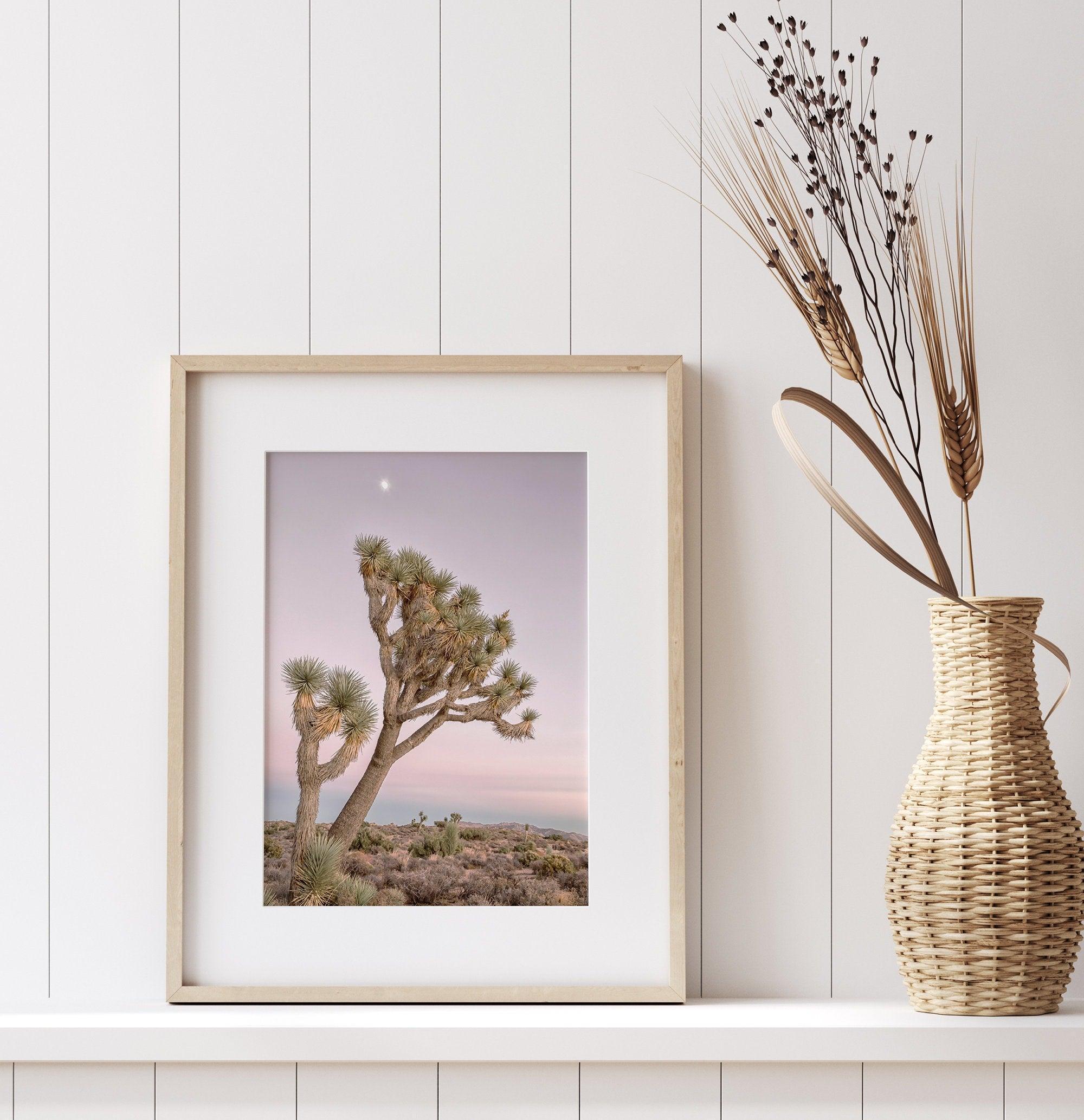 Joshua tree wall art featuring a pink desert sunset, with a tall Joshua tree silhouetted against the sky.