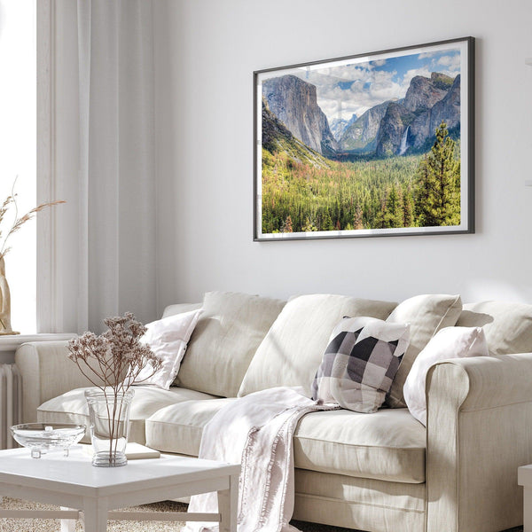 A framed or unframed landscape photography print of Yosemite National Park. This fine art Yosemite National Park poster showcases the lush forest, gushing waterfall, and towering cliffs of Yosemite. HDR photography Wall Art is Perfect for home decor