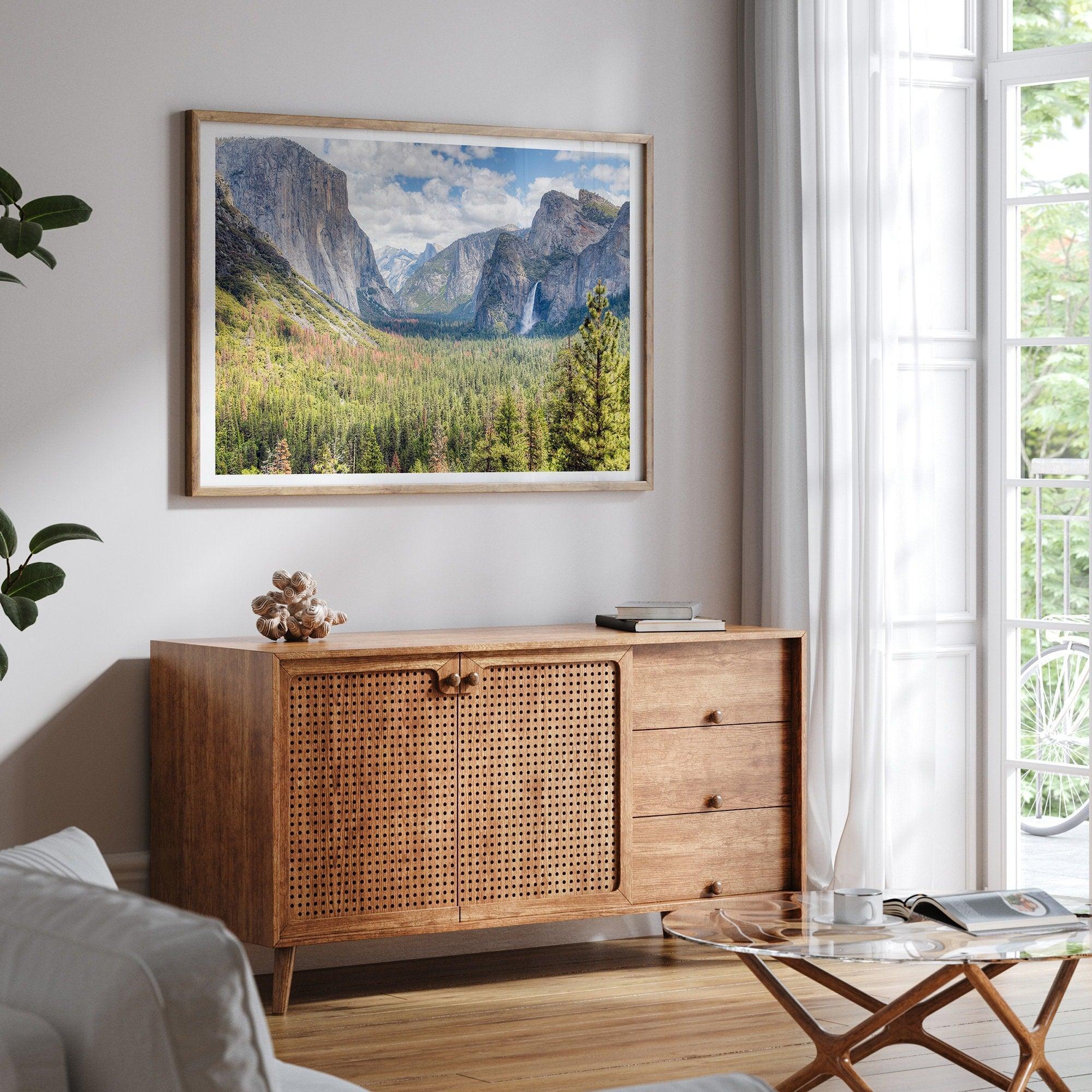 A framed or unframed landscape photography print of Yosemite National Park. This fine art Yosemite National Park poster showcases the lush forest, gushing waterfall, and towering cliffs of Yosemite. HDR photography Wall Art is Perfect for home decor