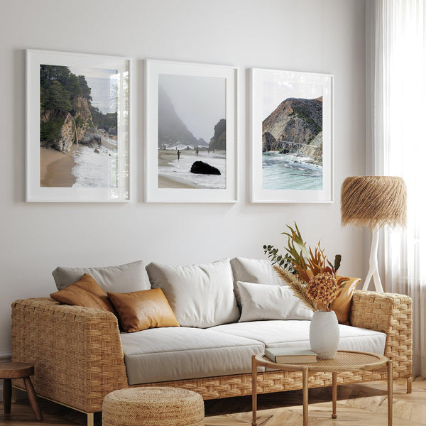Set of 3 stunning coastal prints: McWay Falls tidefall, Pfeiffer Beach, and the iconic Bixby Bridge in Big Sur, California. Perfect Coastal Wall Art Set for Nature Lovers.
