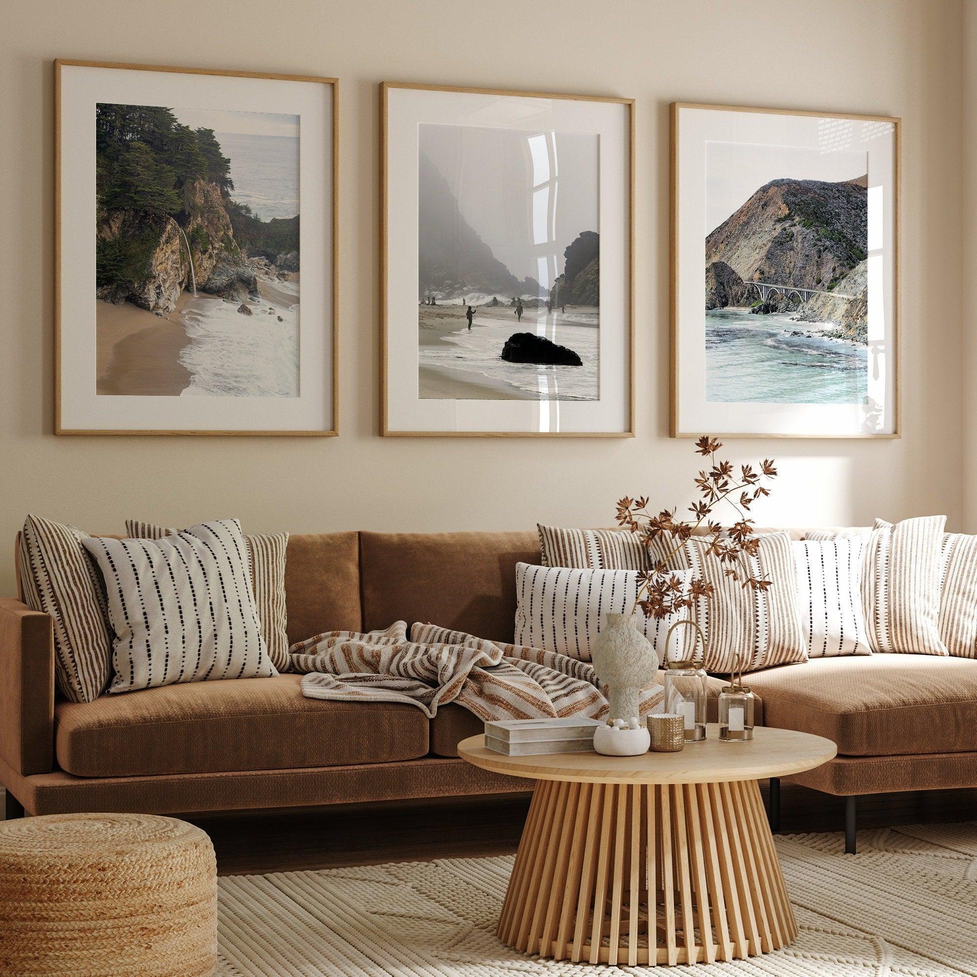 Set of 3 stunning coastal prints: McWay Falls tidefall, Pfeiffer Beach, and the iconic Bixby Bridge in Big Sur, California. Perfect Coastal Wall Art Set for Nature Lovers.