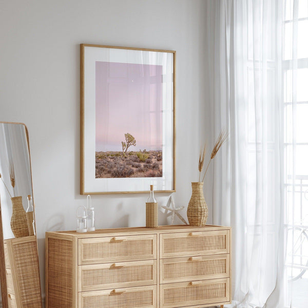 Joshua Tree at dusk fine art print – a serene desert landscape with soft pink skies and a lone Joshua Tree under the moon.