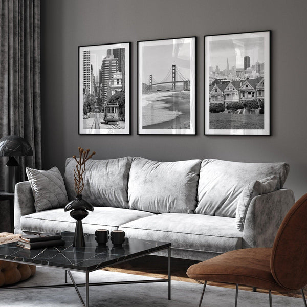 San Francisco Black and White Wall Art Set of 3 Prints - Oversized 3 Piece Wall Art, Extra Large Framed San Francisco Fine Art Photography