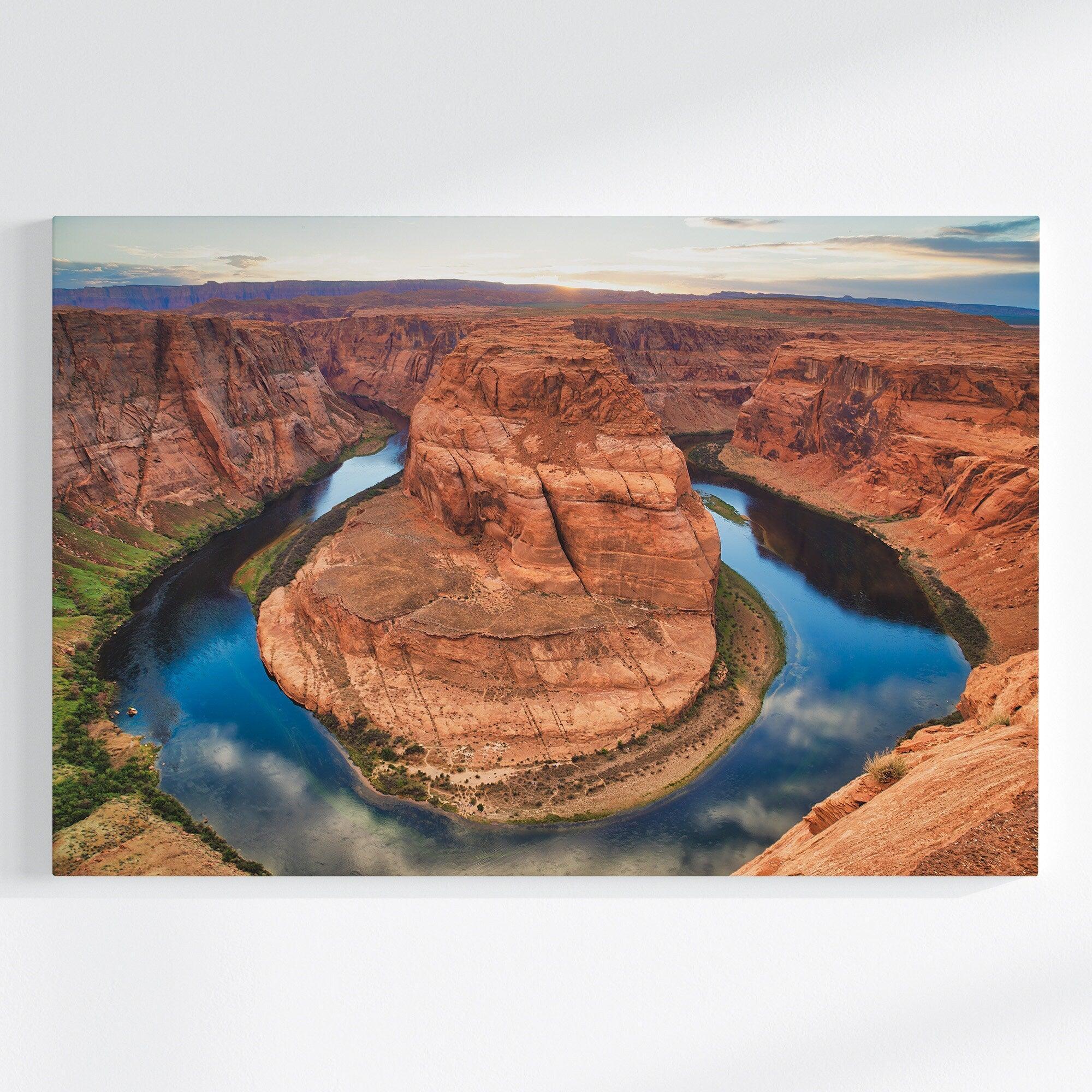 A fine art framed or stretched canvas Horseshoe Bend Print. This Arizona desert wall art comes in extra large sizes of up to 60x40 inches and will bring the beauty of nature into your living or office space.