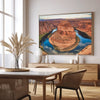 A fine art framed or stretched canvas Horseshoe Bend Print. This Arizona desert wall art comes in extra large sizes of up to 60x40 inches and will bring the beauty of nature into your living or office space.