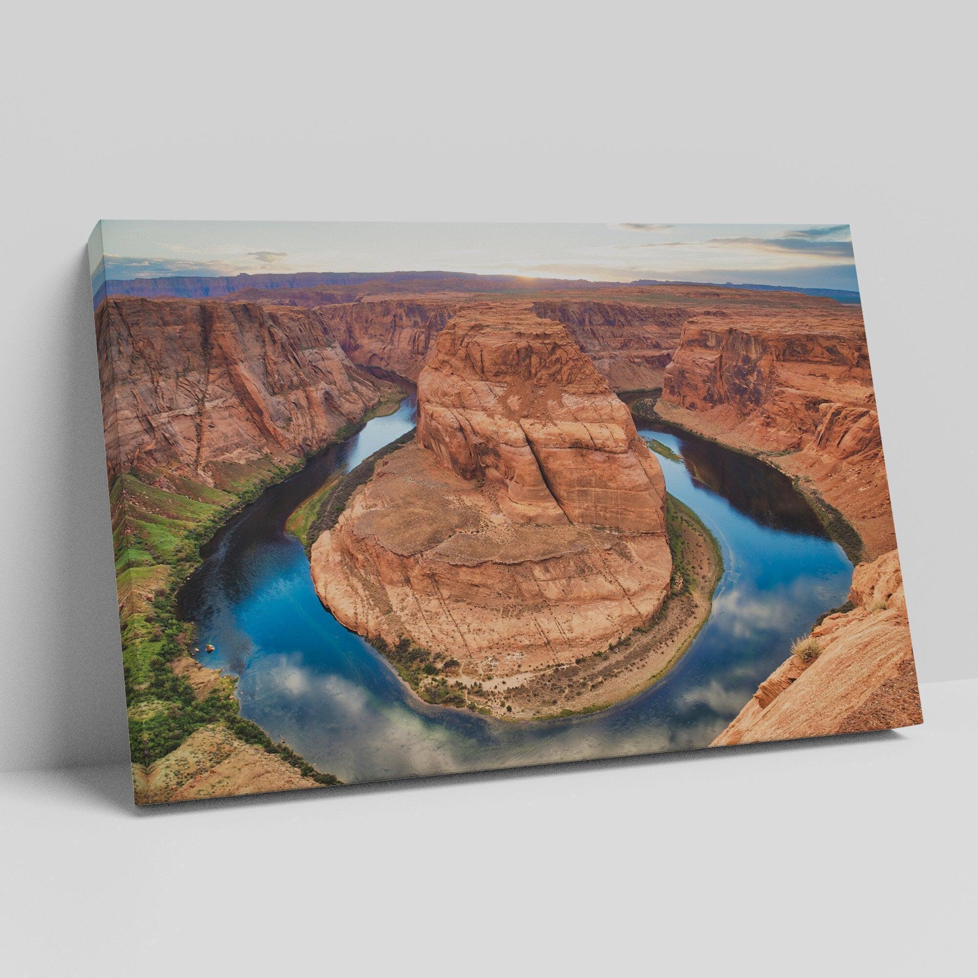 A fine art framed or stretched canvas Horseshoe Bend Print. This Arizona desert wall art comes in extra large sizes of up to 60x40 inches and will bring the beauty of nature into your living or office space.