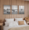 A set of 3 black and white framed or unframed ocean prints from different locations along Route 1 on the California Coast 1st print - Mendocino Glass Beach 2nd print - Carmel by the Sea 3rd print - Morro Bay Rock reflection