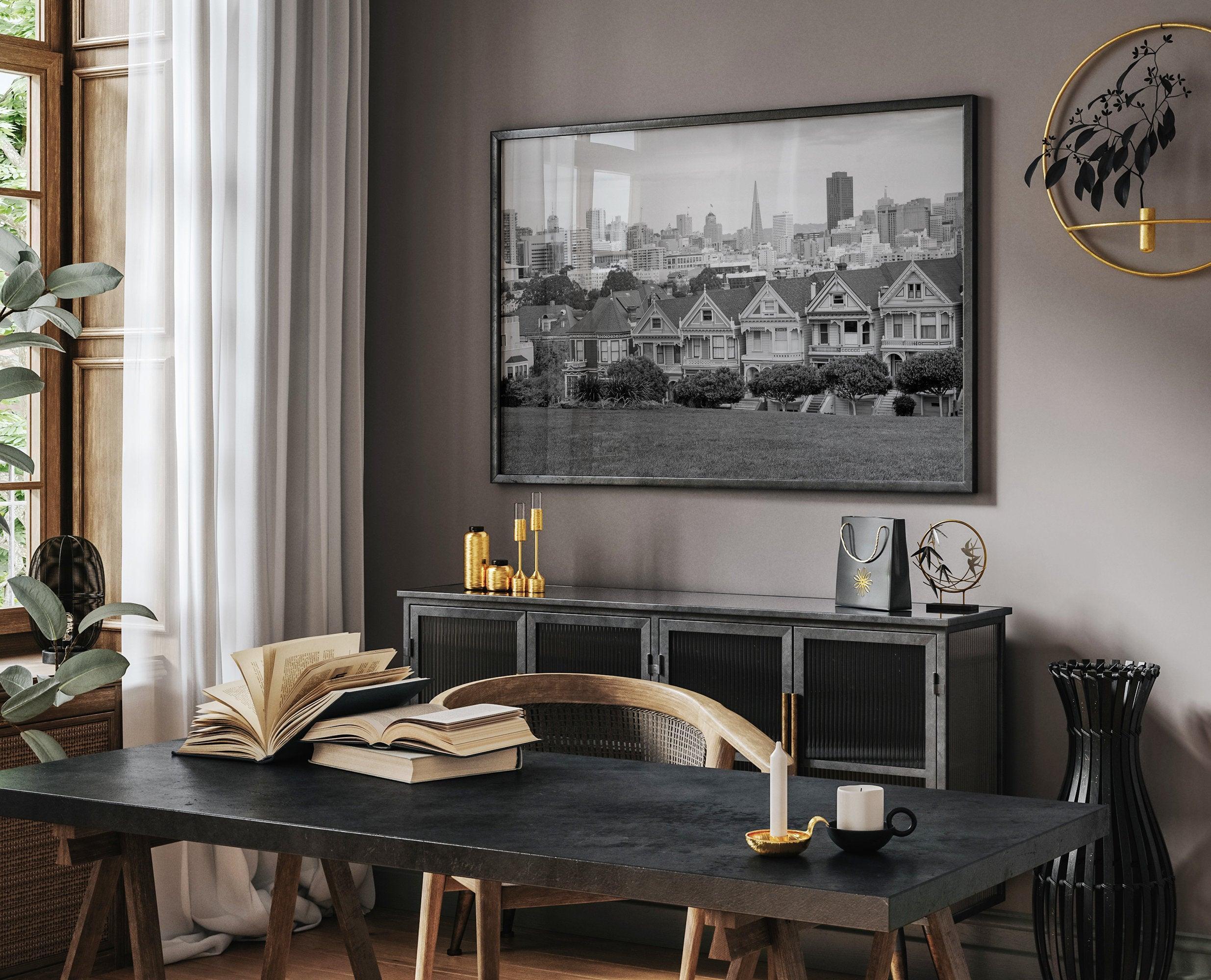 A fine art framed print of the famous colorful painted Ladies Victorian houses in Alamo Square, San Francisco.
