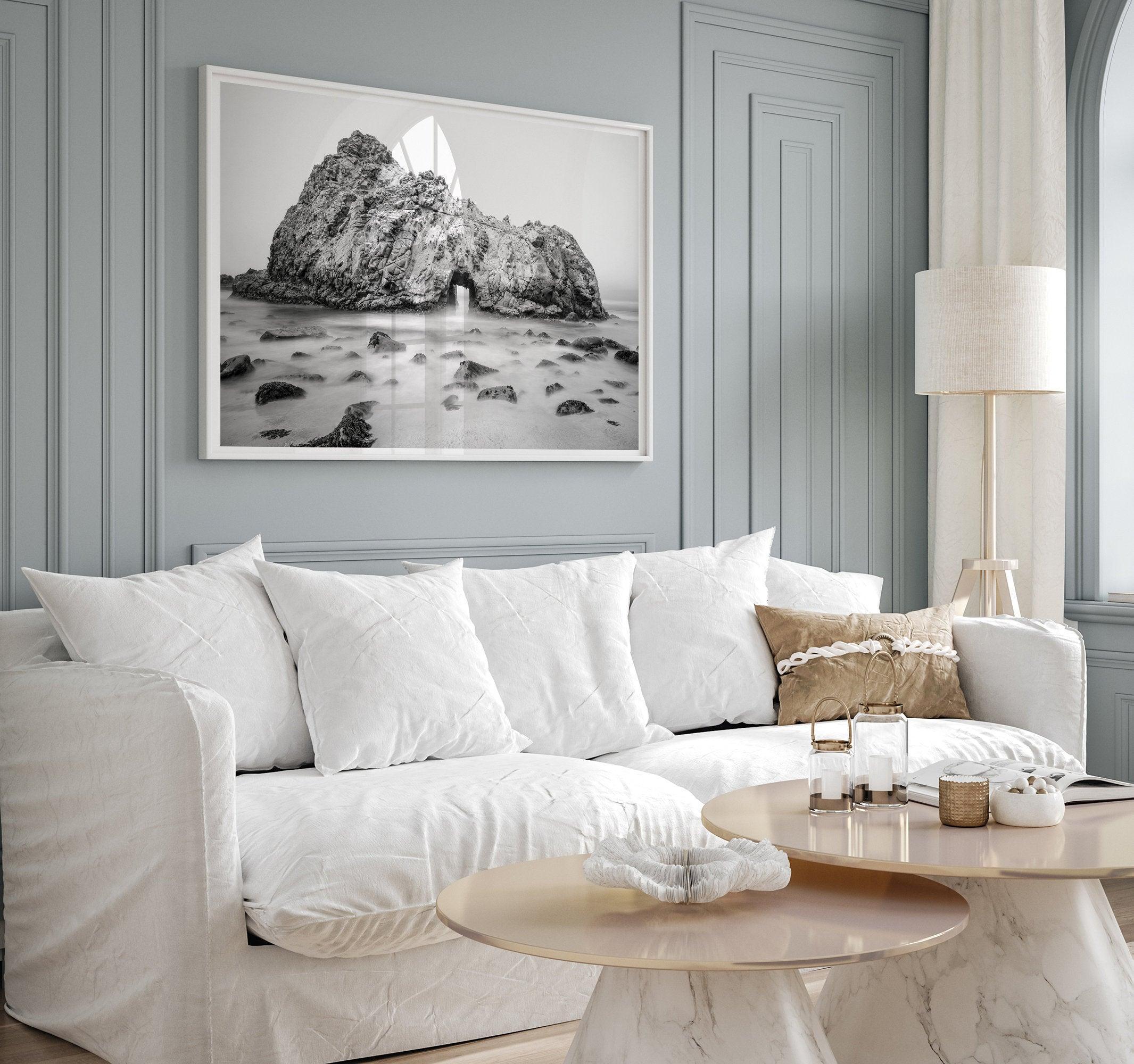 Black and white Big Sur print featuring Pfeiffer Beach rock formation with misty ocean waves.