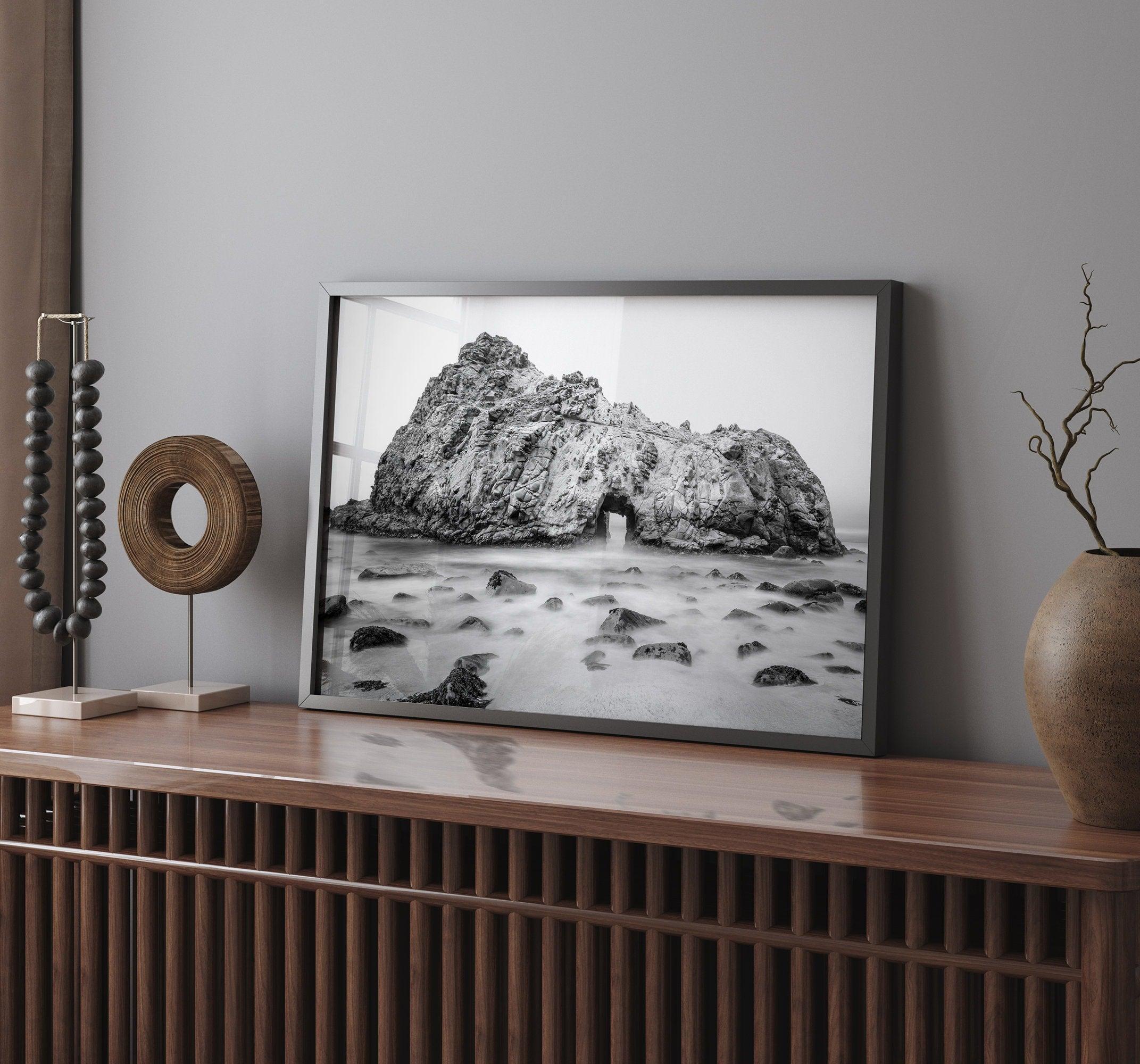 Black and white Big Sur print featuring Pfeiffer Beach rock formation with misty ocean waves.