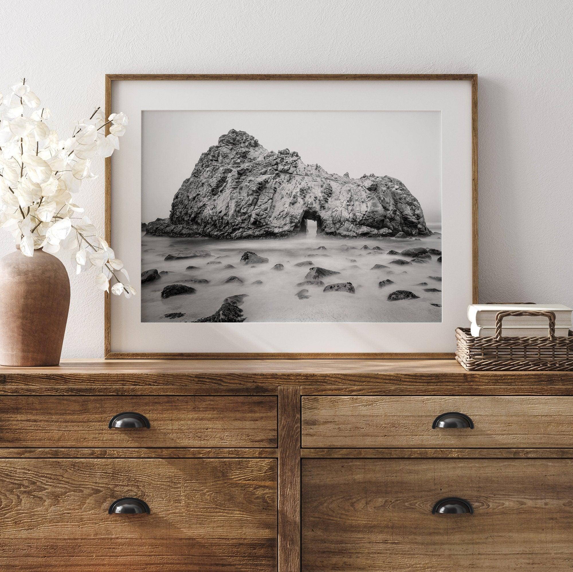 Black and white Big Sur print featuring Pfeiffer Beach rock formation with misty ocean waves.
