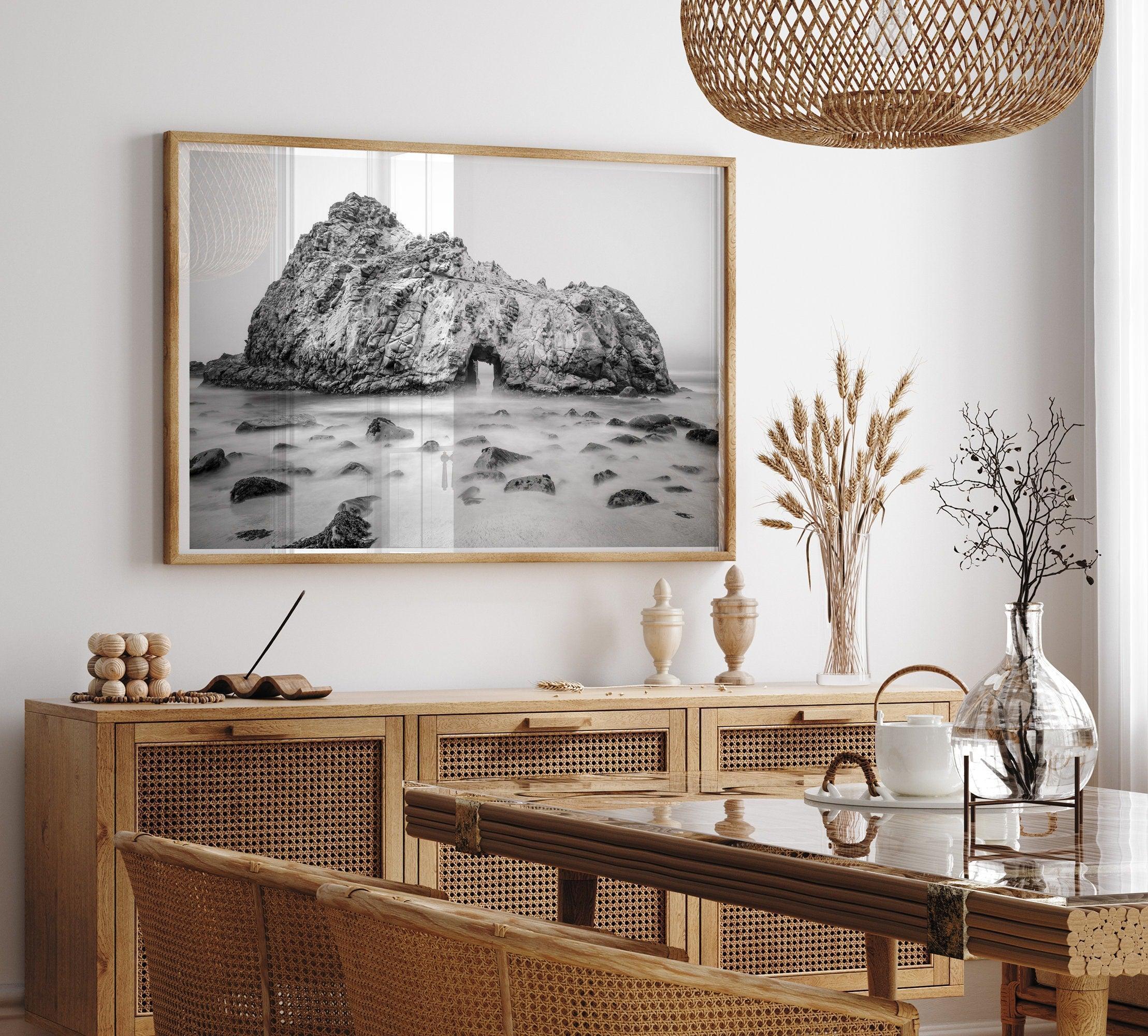 Black and white Big Sur print featuring Pfeiffer Beach rock formation with misty ocean waves.