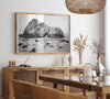 Black and white Big Sur print featuring Pfeiffer Beach rock formation with misty ocean waves.