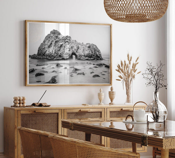 Black and white Big Sur print featuring Pfeiffer Beach rock formation with misty ocean waves.