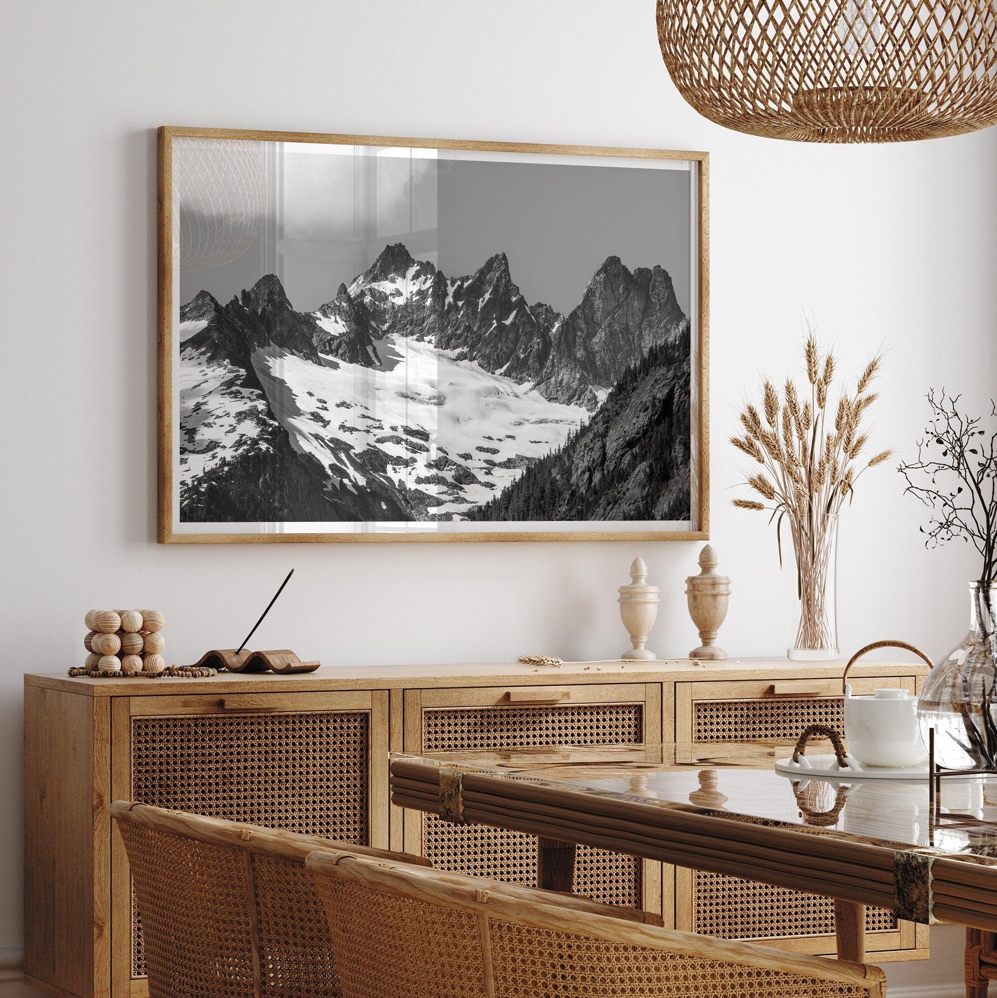 A minimalist black and white unframed or framed photo print of a snowy mountain range in North Cascades National Park, Washington State.