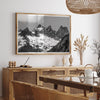 A minimalist black and white unframed or framed photo print of a snowy mountain range in North Cascades National Park, Washington State.